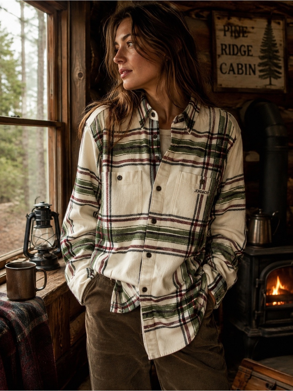 Jordache Vintage Tony Flannel Plaid Button Down Shirt Cream Green Burgundy S NWT